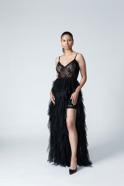 Black Marianne tulle dress with lace